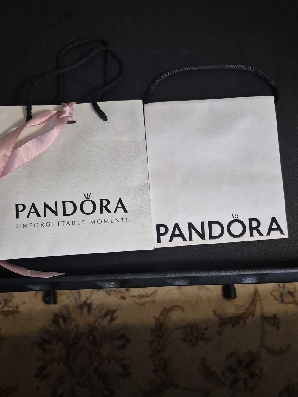 Pandora White Gift Bags with Black Handles and Pink Ribbon Accent